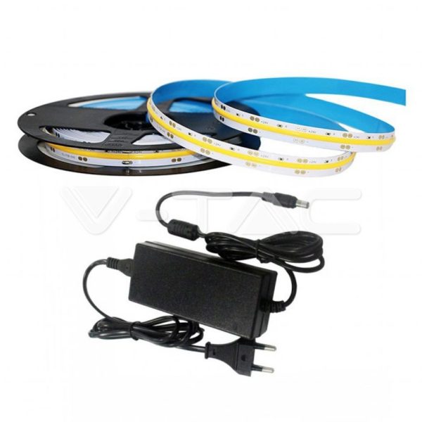 Strip-LED-COB-da-10-mm-12-W-1100-lumens-bobina-da-5-mt-con-alimentatore-SKU-3272