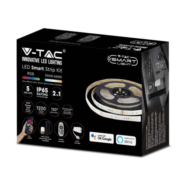 V-TAC Kit per Strip LED IP65 SMD5050 15W/m 90 LED/m RGB+3IN1 5metri  Compatibile con Alexa e Google Home (include telecomando e alimentatore)